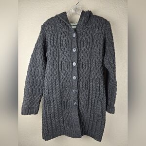 ​Aran Crafts Ireland 100% Merino Wool Hooded Long Cardigan Sweater XS Gray Cable